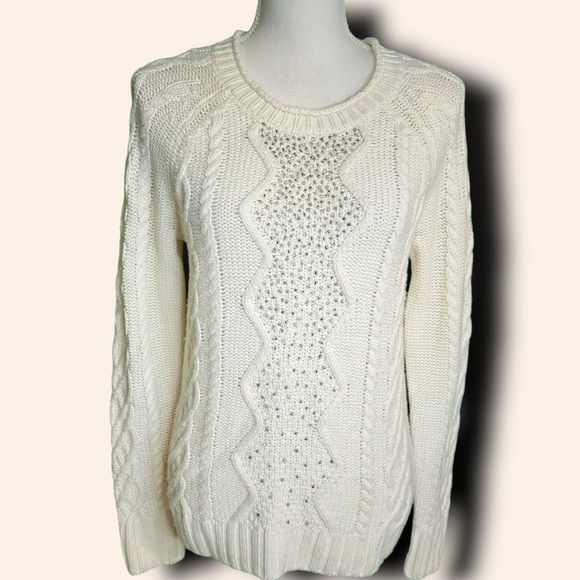 J. Crew Factory ‘Merino Wool Blend Silver Bead Embellished Cable Knit Sweater’ S - Picture 2 of 13
